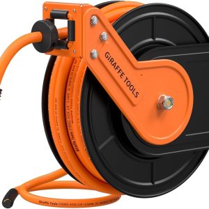 Giraffe Tools TA15B Retractable Air Hose Reel Wall Mount 3/8" x 50 ft Hybrid Hose, Air Compressor Heavy Duty Steel Reel Auto Rewind 300PSI, 50ft, Tangelo