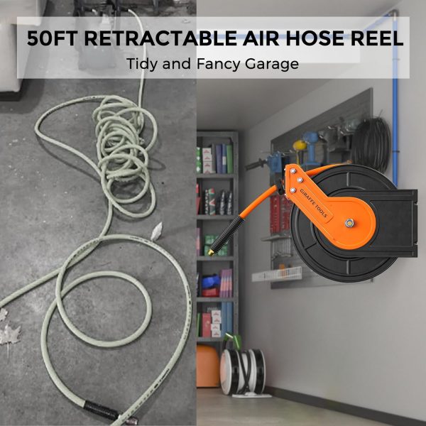 Giraffe Tools TA15B Retractable Air Hose Reel Wall Mount 3/8" x 50 ft Hybrid Hose, Air Compressor Heavy Duty Steel Reel Auto Rewind 300PSI, 50ft, Tangelo - Image 2