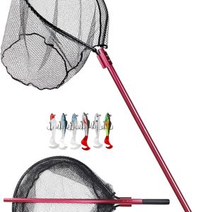 Large Fishing Net Rubber Fishing Net Large Heavy Duty Extra Large Landing Net for Saltwater Aluminum Fishing Net Telescoping Handle with 6pcs Soft Jig Swimbait, Extends to 72-94in