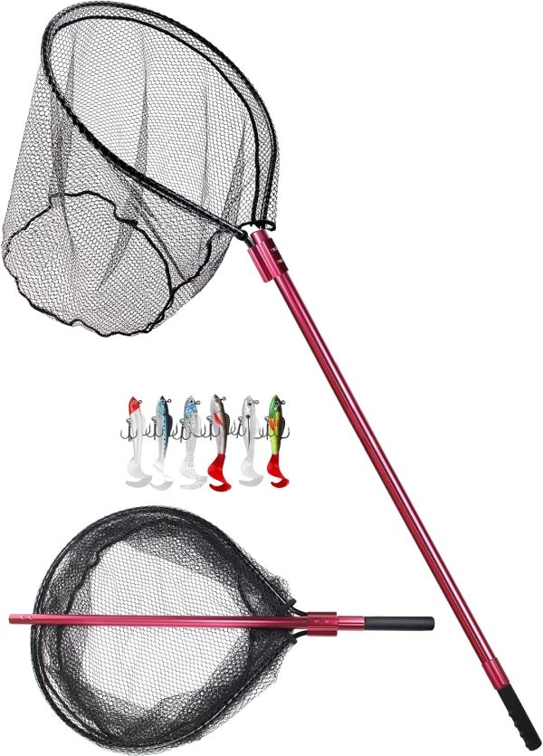 Large Fishing Net Rubber Fishing Net Large Heavy Duty Extra Large Landing Net for Saltwater Aluminum Fishing Net Telescoping Handle with 6pcs Soft Jig Swimbait, Extends to 72-94in