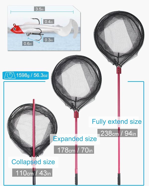 Large Fishing Net Rubber Fishing Net Large Heavy Duty Extra Large Landing Net for Saltwater Aluminum Fishing Net Telescoping Handle with 6pcs Soft Jig Swimbait, Extends to 72-94in - Image 3