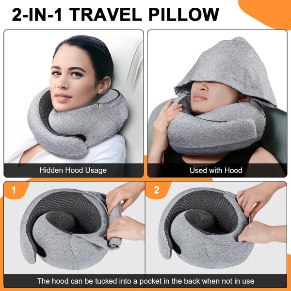 Travel Pillow, Memory Foam Neck Pillow for Traveling, U Shape Neck Pillow Airplane Portable Flight Pillow Travel Kit with 4D Contoured Eye Masks and Earplug for Plane Train Car Home Office - Pink - Image 2